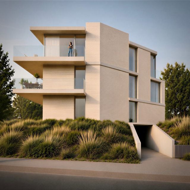 Residentie Verdure - 3D-render van de gevel met uitkragende terrassen, opgetrokken op een duin aan de Burgondiestraat in Koksijde